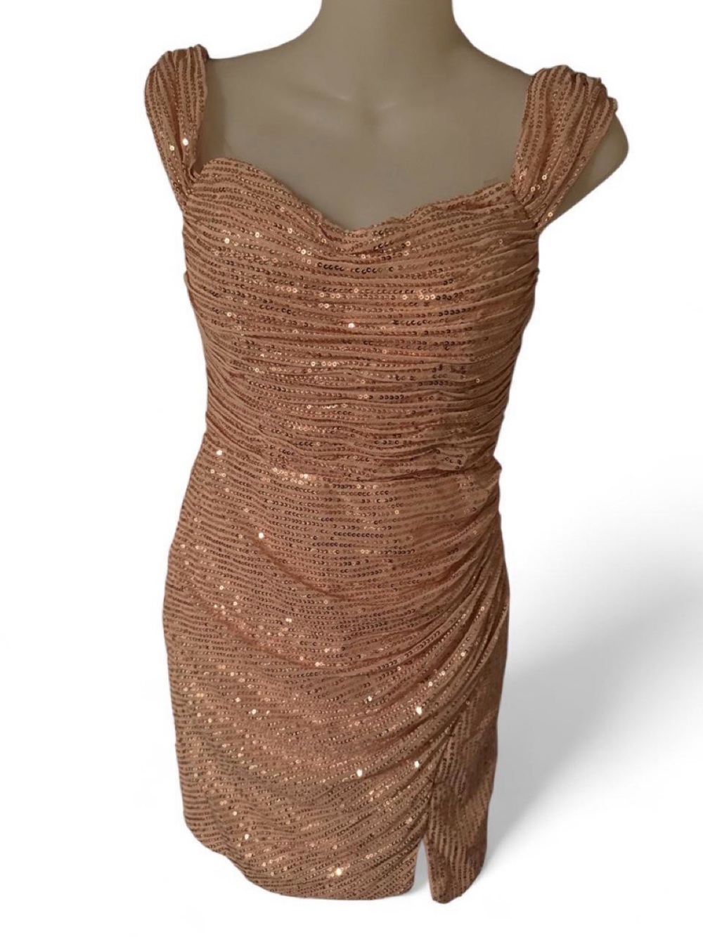 Ruched Sequin Cocktail Dress in Rose Gold